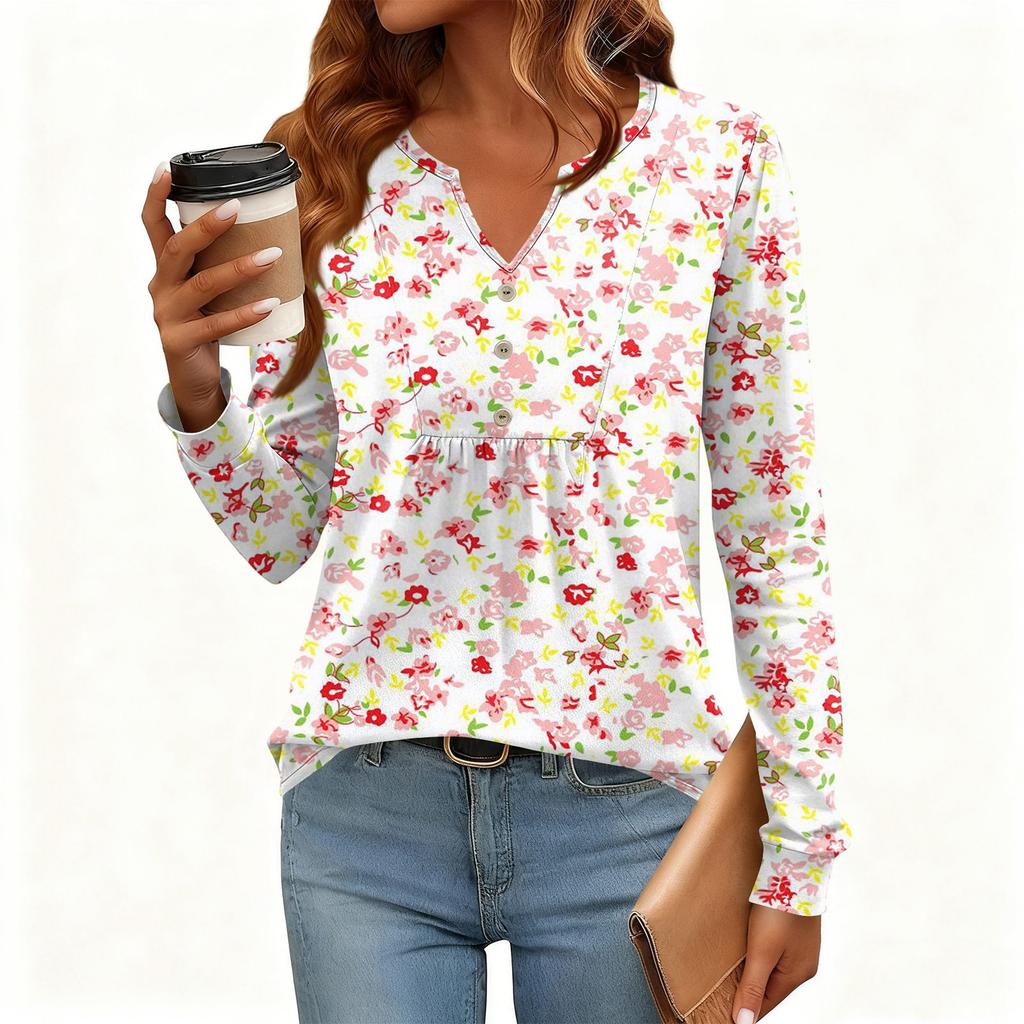 Γυναικείο Χαλαρό, V-λαιμόκοψη, Ρετρό Χρώμα, Μπλοκ με Φλοράλ Σχέδιο, Μακρυμάνικο Πουλόβερ T-shirt