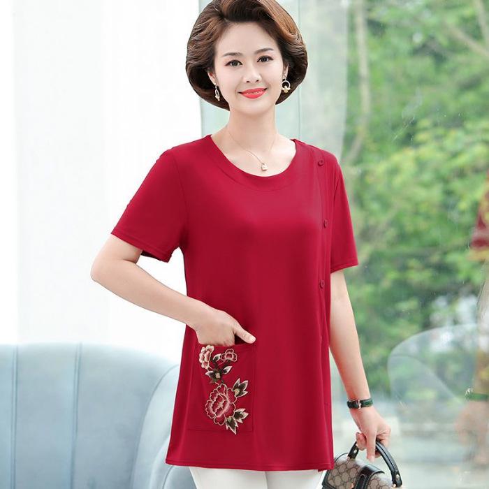 Summer Plus Size Slimming T-Shirt for Middle-aged & Elderly Women - Loose Solid Color Short Sleeve Top