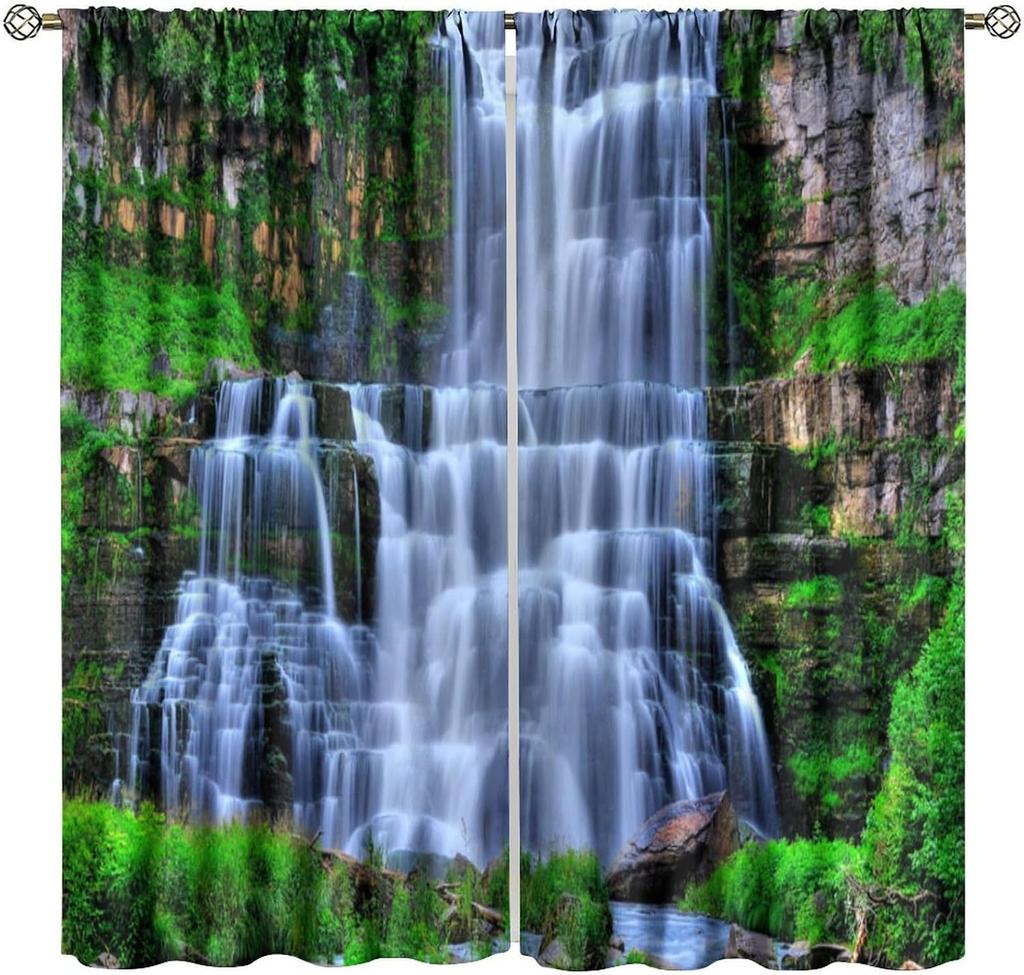 Blackout Red Forest Waterfall Windows Curtains Tree Landscape Woodland Scenic Nature Fall Scenery Art Printed Curtain Made Of Polyester Washable