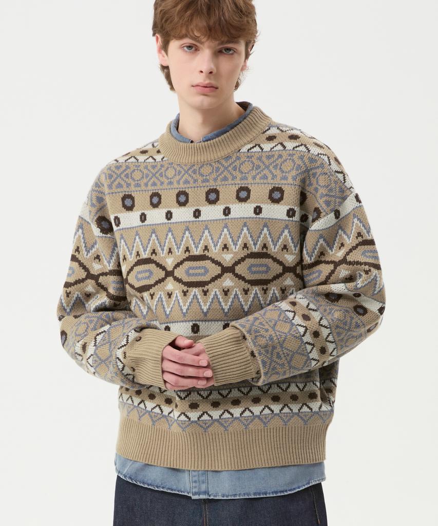TRILLION Vintage Fair Isle Jacquard Crewneck Knit_Beige
