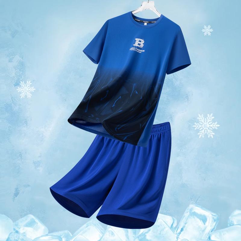 Ensemble de Sport en Soie Glacée pour Homme Été Col Rond Séchage Rapide Manches Courtes Coupe Ample Deux Pièces