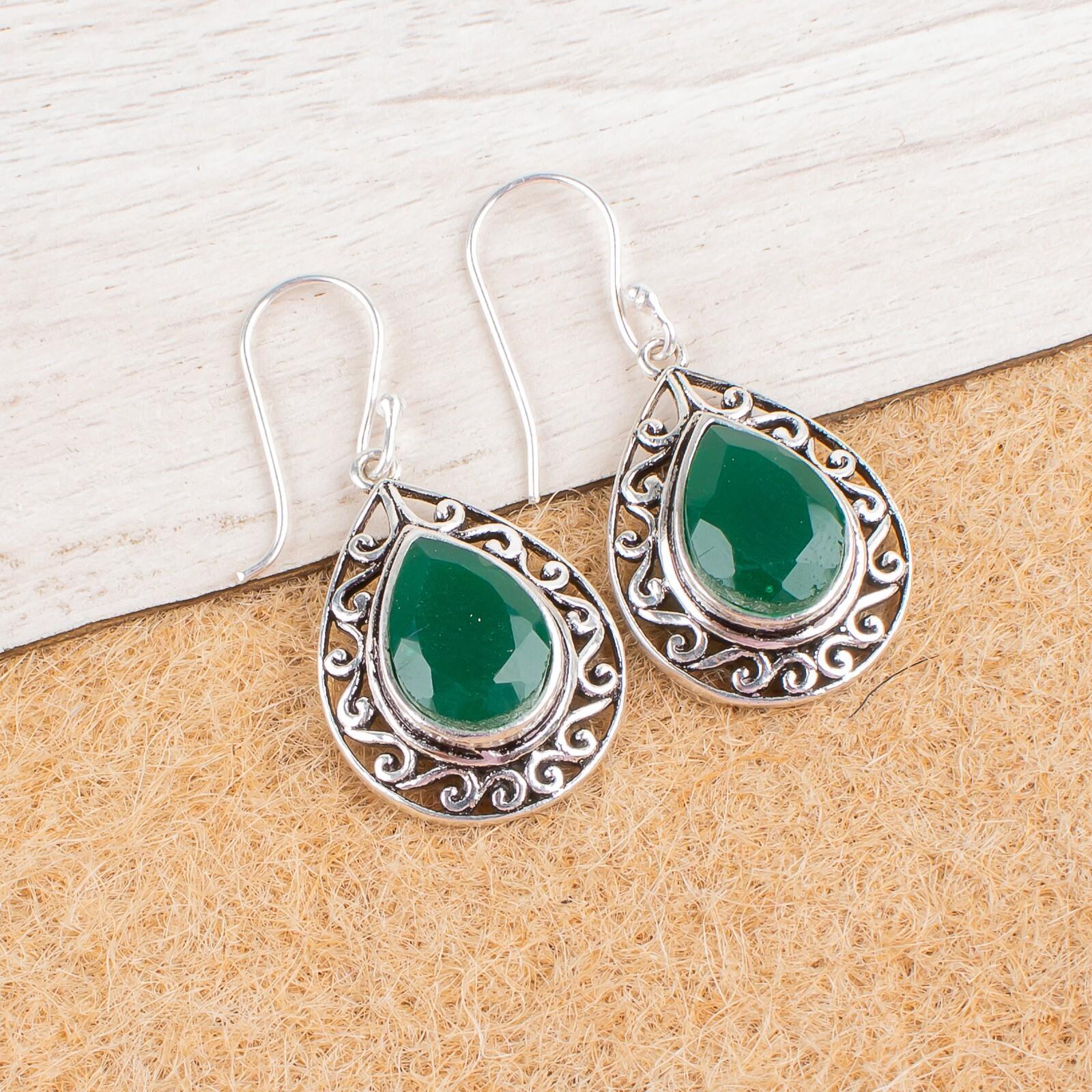 

Green Onyx Gemstone 925 Sterling Silver Jewelry Handmade Dangle Earrings 1.72 CE-4-14