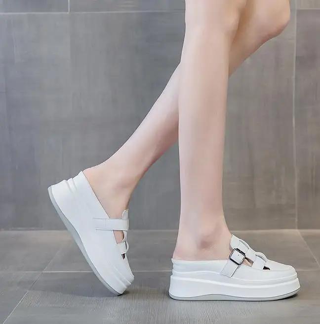 Fashion 7.5CM Patent Genuine Leather Platform Summer Hollow Weaving Breathable Pumps 2025 Spring Chunky Heels Mary Jane Slipper Shoes