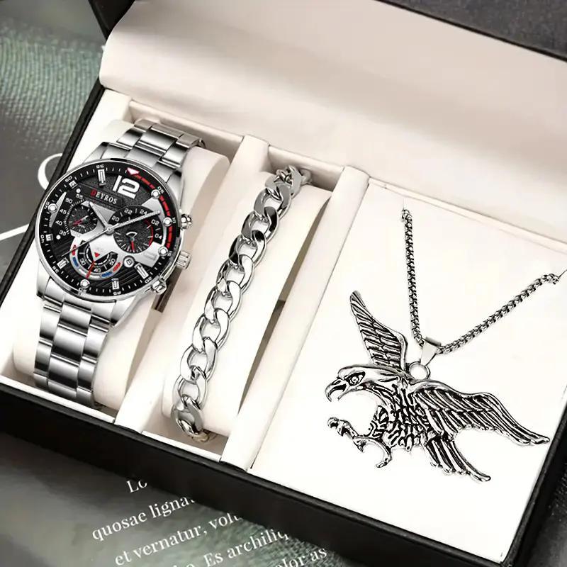 

Набор из 3 предметов, модные мужские спортивные часы, мужские деловые стальные кварцевые наручные часы с календарем, мужские повседневные наручные часы с ожерельем и браслетом