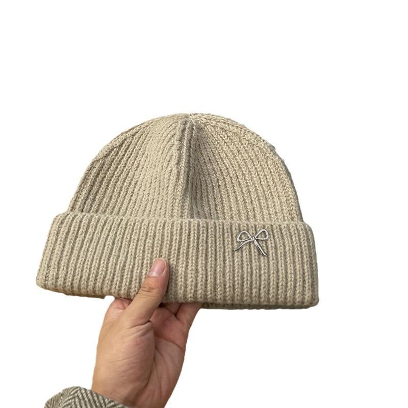 Korean Style Simple and Versatile Bow Knitted Hat Autumn and Winter Outdoor Warm and Cold Proof Woolen Hat Showing Face Small Baotou Cold Hat