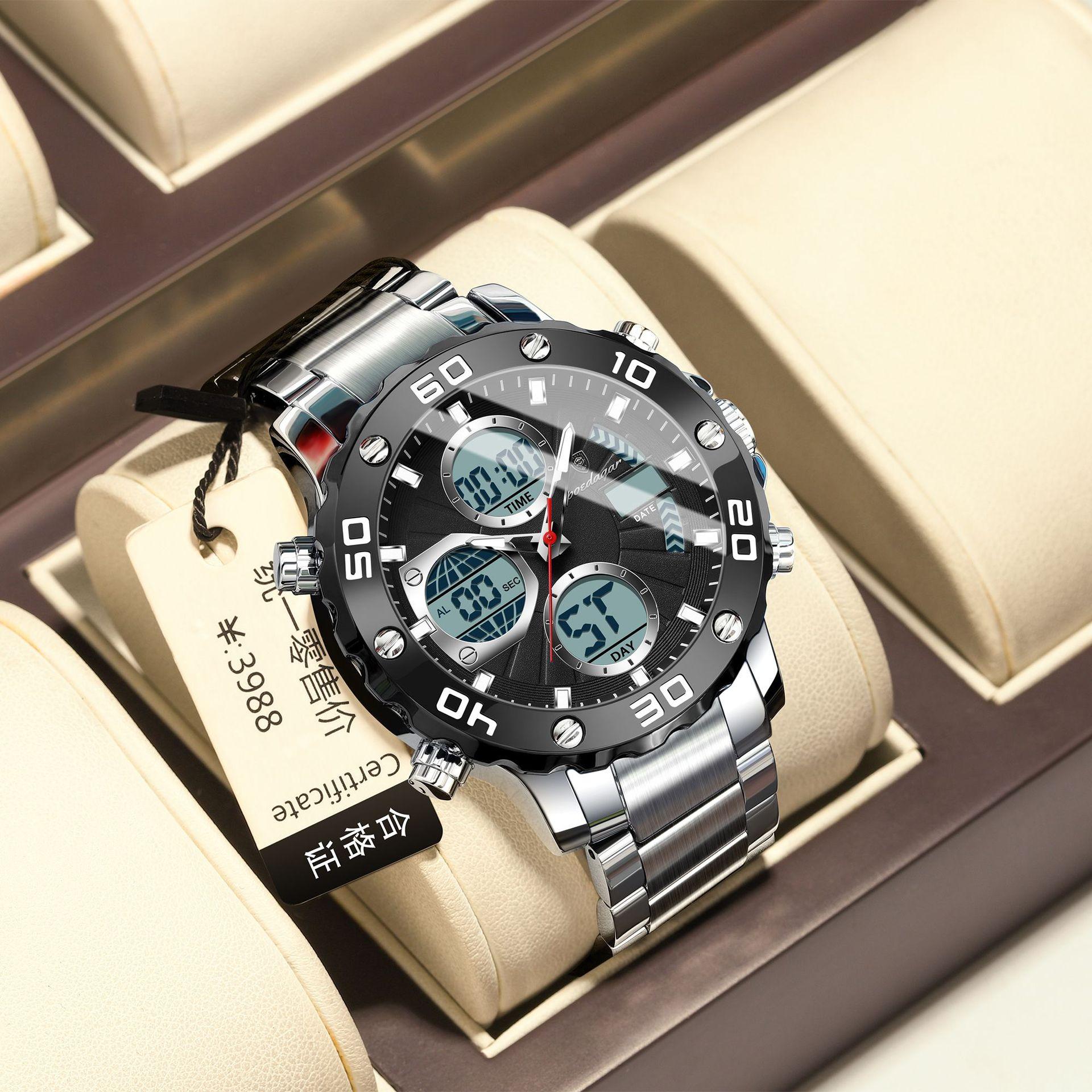 

POEDAGAR National Top Swiss Brand New Men s Dual Display Digital Watch Multifunctional Sports Wristwatch PE102Silver shell with bl