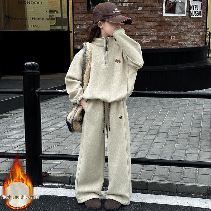 New 2025 Fashion: Girls' Thickened Fleece Lined Sweatshirt Two-Piece Set for Autumn and Winter