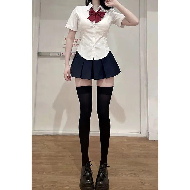 

JK Waist-Cinching Pleated Skirt Set: Short-Sleeved Summer Slimming College Style XS