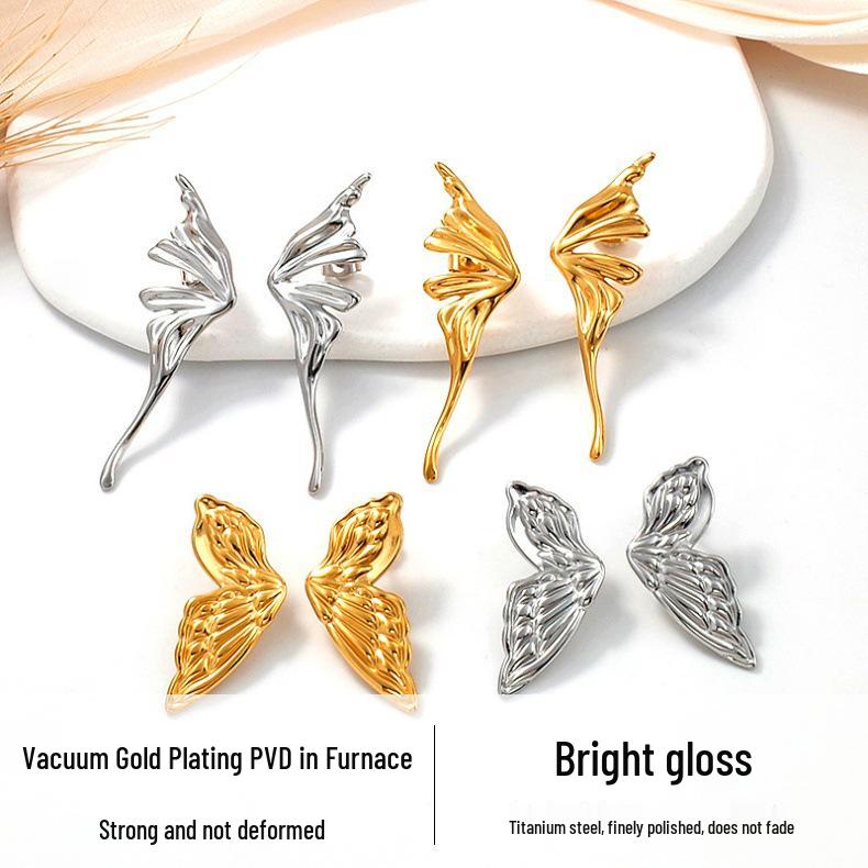 Gold Plated Titanium Steel Angel Wing Butterfly Earrings for Women - Elegant European & American Fashion