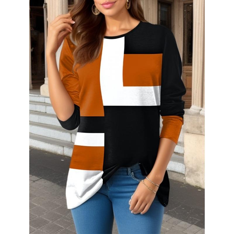 Women's Geometric Color Block Long Sleeve Crew Neck Loose Casual Tunic Top T‑Shirt