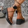 Damskie sandały z paskiem na kostce Letnia moda Kwiaty Wysokie obcasy Buty Seksowne sznurowane Sandały na platformie z grubym obcasem Sandalias De Mujer