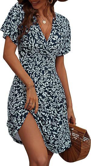 Summer Floral Short Sleeve Wrap V-Neck A Line Midi Dress