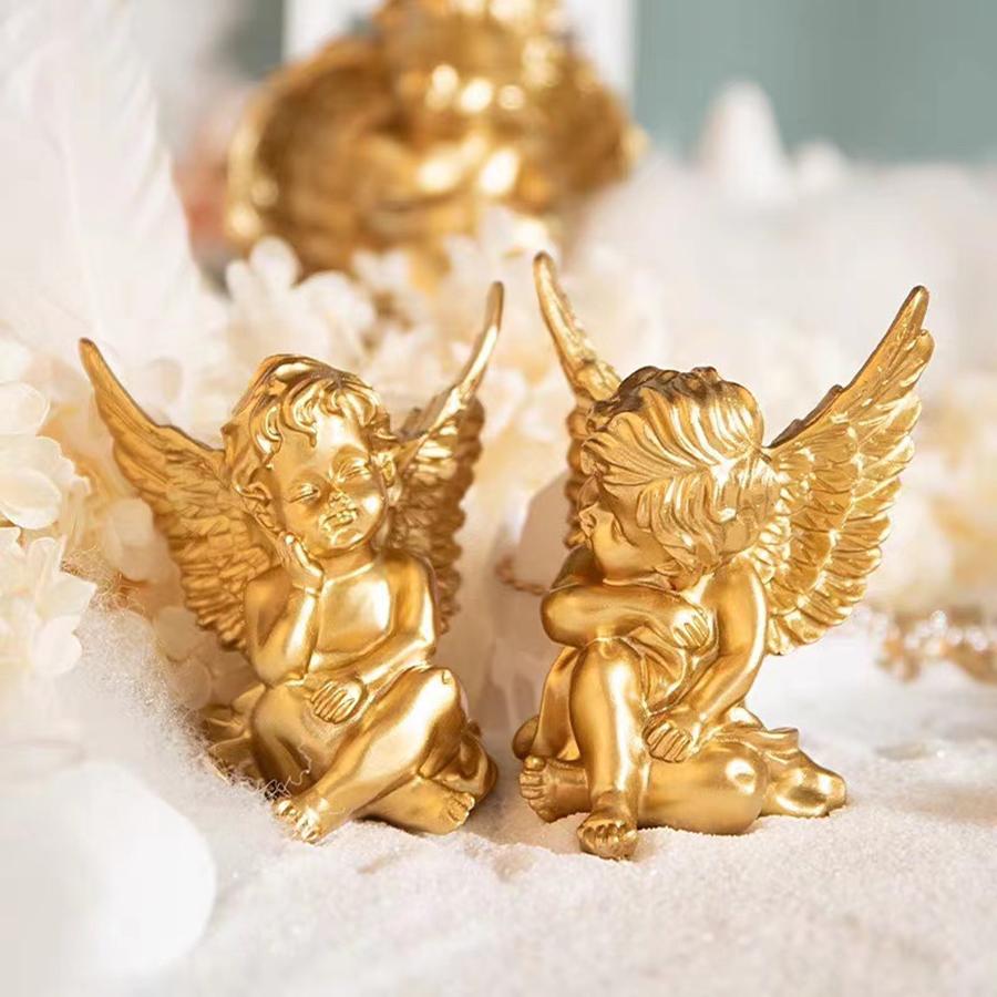 Set of 2 Cherubs Angels Resin Gold Angel Statue Figurine, Indoor Outdoor Home Garden Decoration, Adorable White Angel Sculpture