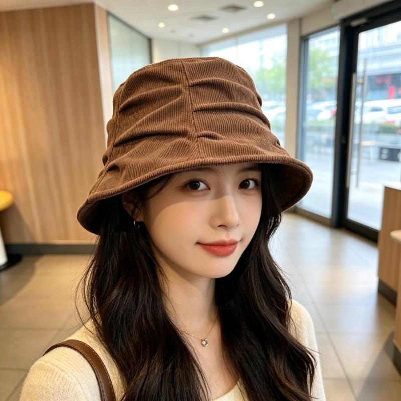 1Pcs Korean Style Foldable Travel Outdoor Hat Corduroy Pleated Bucket Hat For Women Solid Color Soft Casual Sun Hat