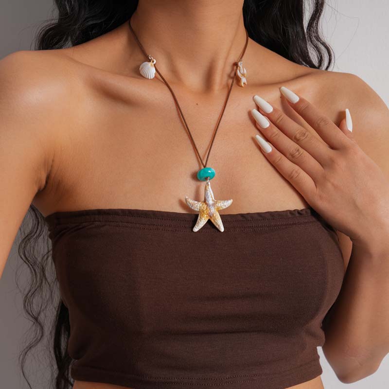 Bohemian Starfish Shell Pendant Necklace for Women New Trendy Resin Conch Long Adjustable Necklace Vacation Jewelry Accessories