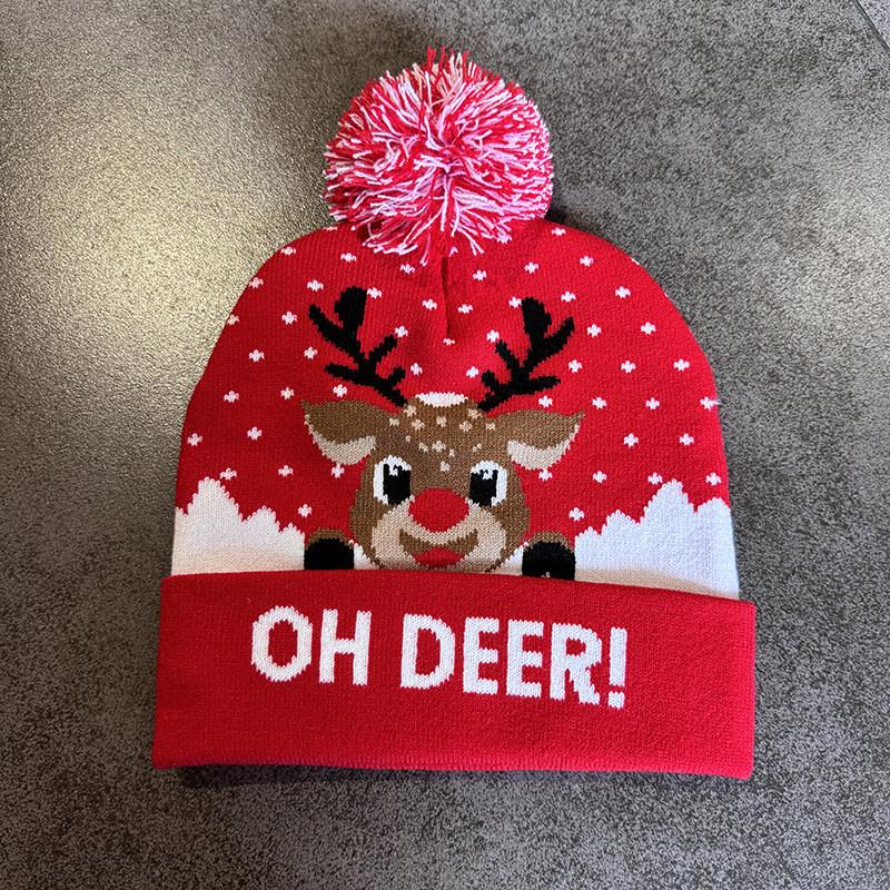 

Cute Elk Snowman Santa Claus Pattern Christmas Theme Warm Knitted Hat For Winter Red