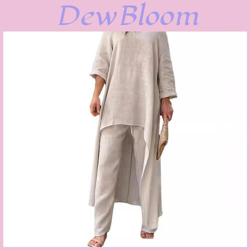 Cotton Linen Casual Woman Set With Irregular Long Sleeve Hoodie And Wide Leg Pants For Spring Fashion Comfort
