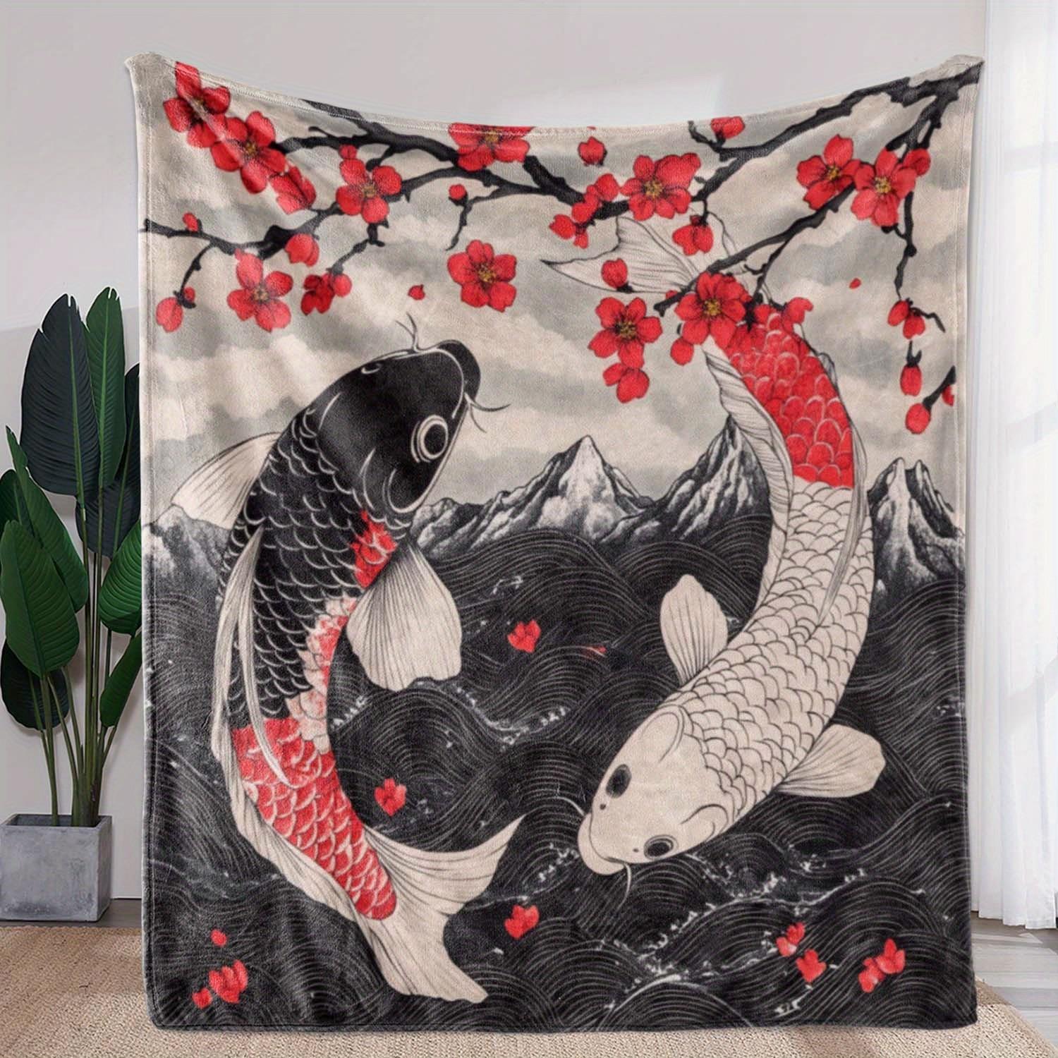 

1pc Retro Japanese koi fish pattern blanket made of polyester machine washable suitable for sofas beds travel and camping 75x100cm