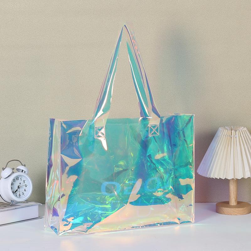 Iridescent Transparent PVC Tote Bags - High-End Custom Laser Design for Gifts, Travel, and Shopping 30x34x10cm