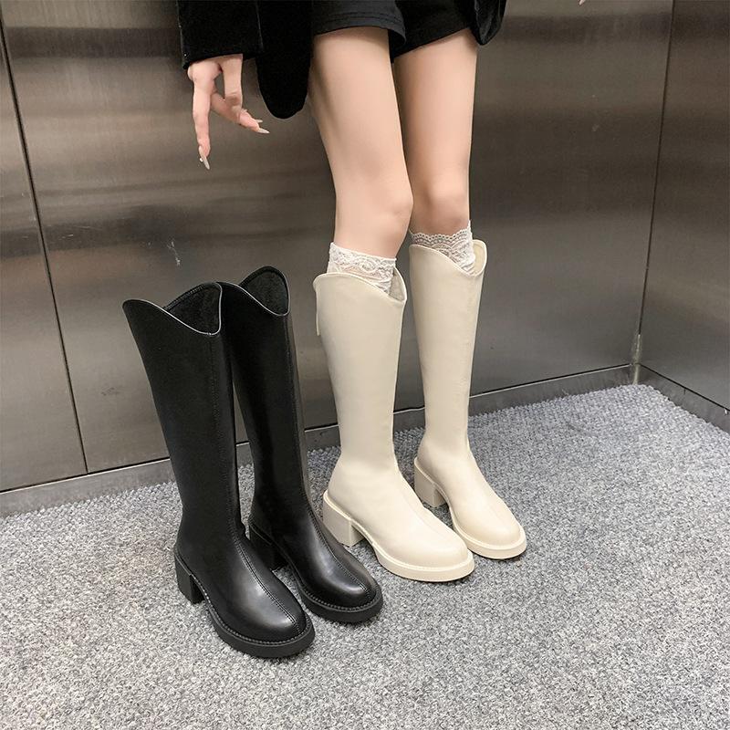 Boots women's 2025 new autumn and winter retro legs thin temperament brown boots thick heel boots tall knight boots