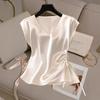 Women Satin V Neck Blouse Elegant Short Sleeve Side Drawstring Ruched Top Summer Casual Work Office Tunic Fashion Sleeveless Sweet Tank Tops for Women
