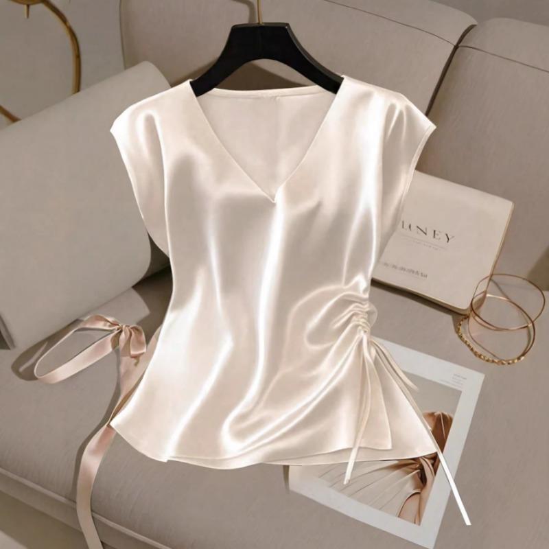 Women Satin V Neck Blouse Elegant Short Sleeve Side Drawstring Ruched Top Summer Casual Work Office Tunic Fashion Sleeveless Sweet Tank Tops for Women