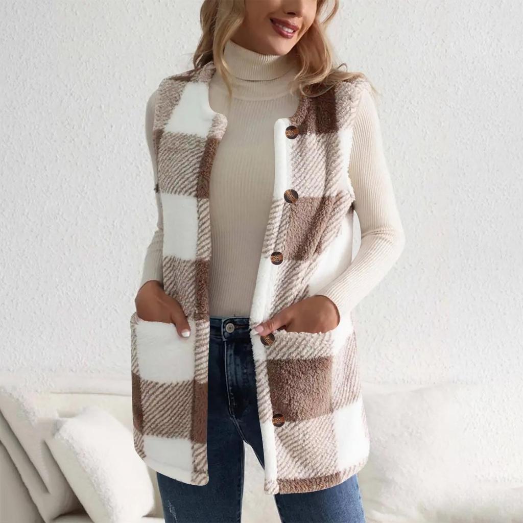 Fashionable Women's Plaid Print Double-Sided Plush Button Pocket Cardigan Casual Female Vest