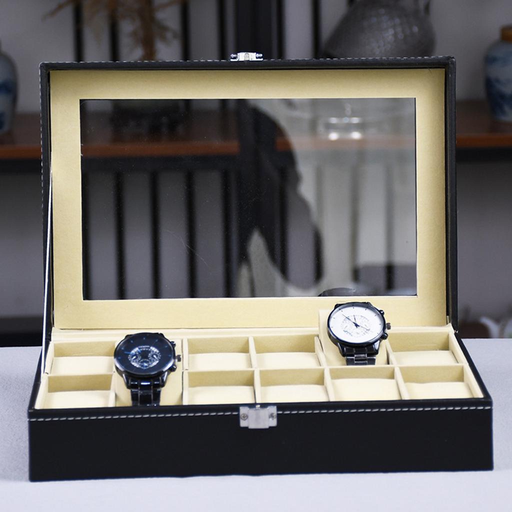 12-Slot Watch Display Box Lockable Watch Box with Velvet Lined for Men's Watch Collection