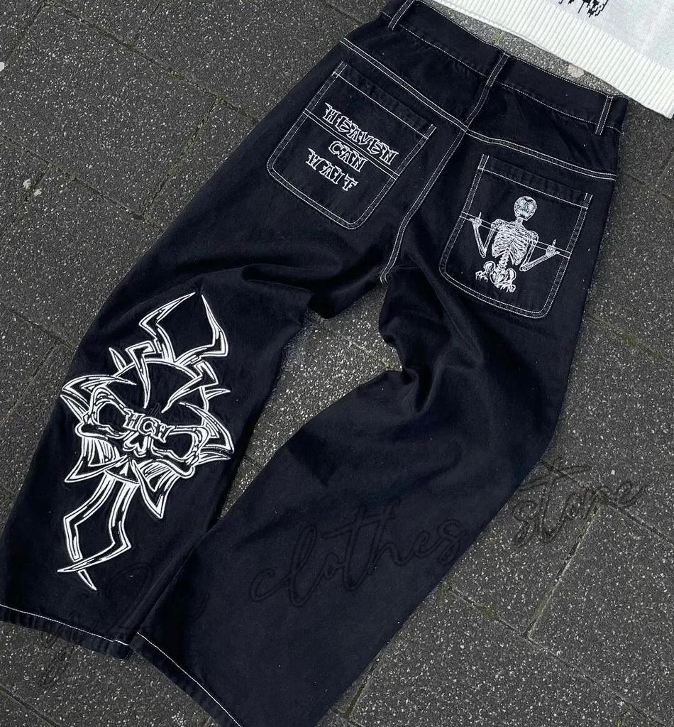 Streetwear JNCO jeans Y2K hip-hop cartoon pattern loose black pants men's and women's wide-leg pants wholesale