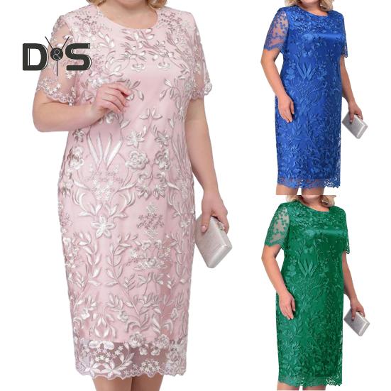 Women Dress Flower Embroidery Double Layers Short Sleeve Round Neck Mid Calf Length Lace Plus Size Elegant Lady Midi Prom Party Dress