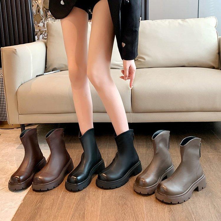 Bruna korta stövlar dam nya höst nya mångsidiga vardagliga bakre dragkedja damstövlar tjocksulade Martinstövlar smala cigarettstövlar