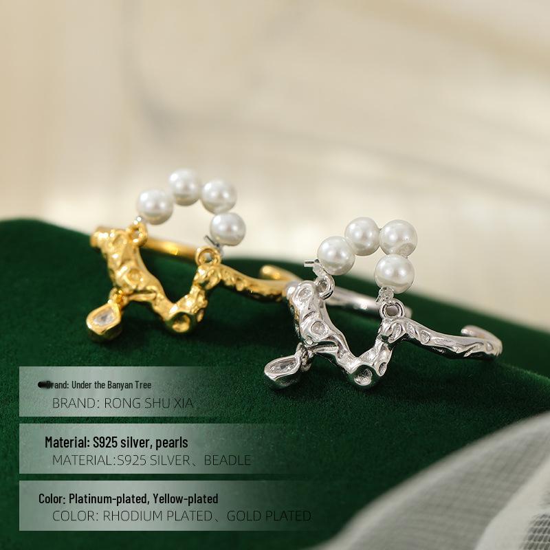 Banyan Tree S925 Silver Teardrop Pearl Ring - Irregular Retro Design, Unique Open Fit for Women