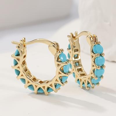 Luxurious Craftsman Inlaid Earrings Bohemian Geometric Hoop Earrings with Blue-Green Stones