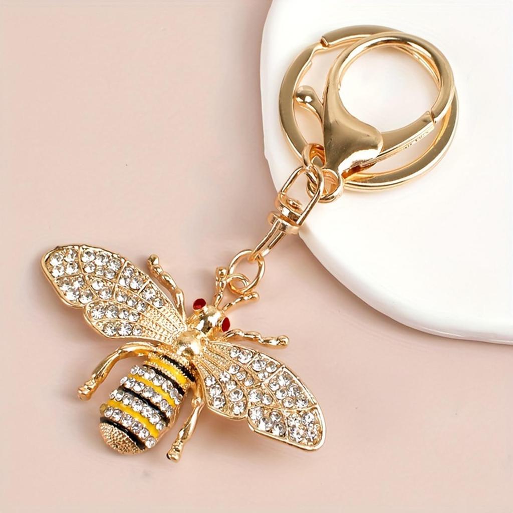 Diamond Studded Metal Bee Keychain Small Pendant Bag, Car Key Decoration Pendant, Trendy Retro Style