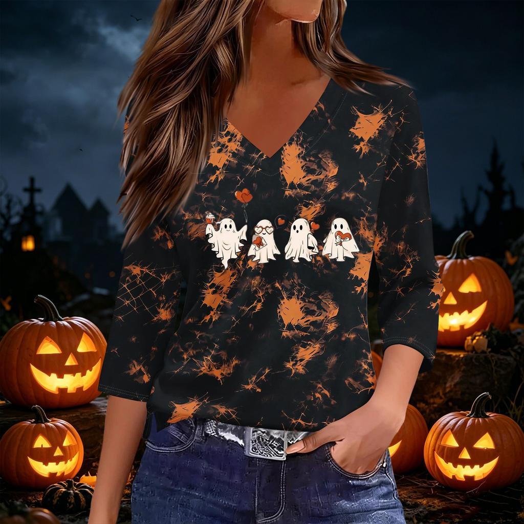 Women's Casual V-Neck 3/4 Sleeve Halloween Print Top for Party and Daily Wear