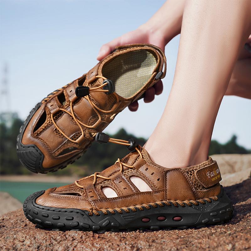 Fashion Mens Leather Sandals Closed Toe Fishermen Sandal Comfortable Hiking Walking Summer Beach Shoes for Men Large Size 46 Brown