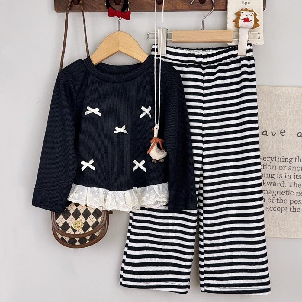 

Spring and Autumn Girls Clothing Children s Trendy Sweet Bow Lace Korean Style Long Sleeve Bottoming Shirt Striped Pants Suit 23Y100