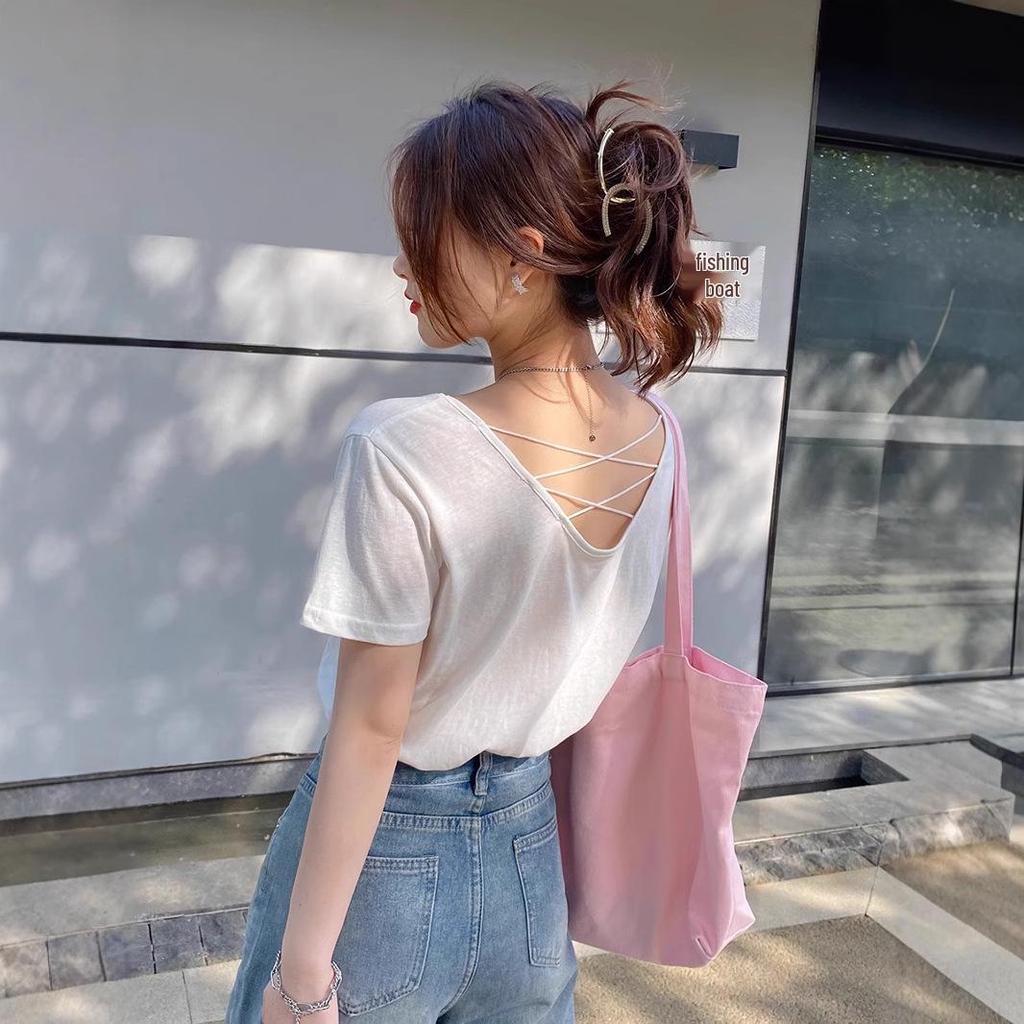 Summer 2025 Women's Backless T-Shirt: Hot, Sexy, and Stylish Straight Shoulder Design