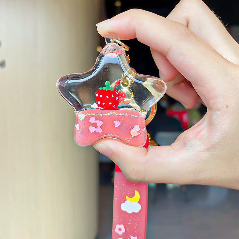 Keychain Charming Acrylic With Floating Pink Strawberry Star Gift Adorable