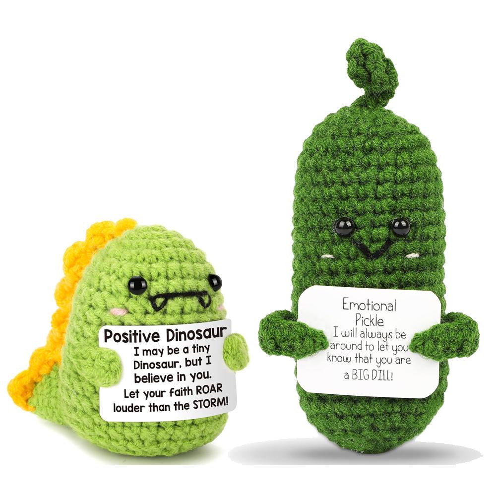 Handmade Emotional Support Pickle Crochet Funny Sour Cucumber Knitted Pickle with Positive Card Cheer up Gift Crochet Home Decor