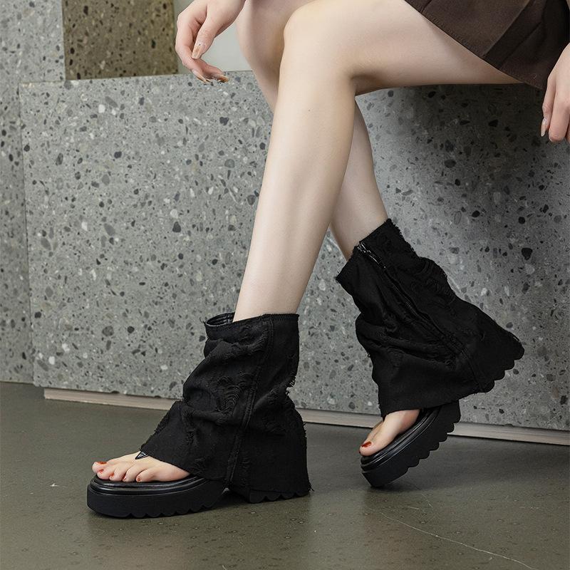 Martin Boots Women's Summer New Denim Clip Toe Pile Socks Boots European and American Style Niche Design Cool Boots Women