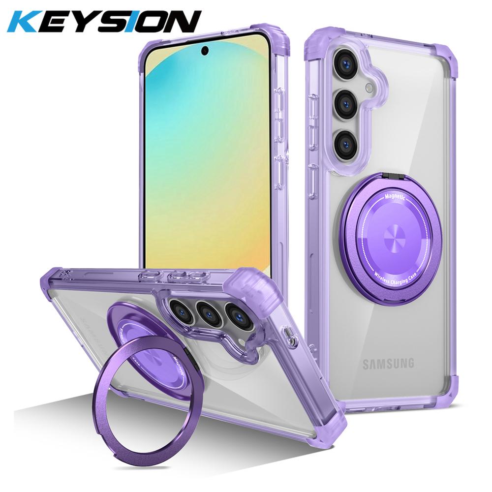 KEYSION Transparent Case for MagSafe for Samsung Galaxy S24 FE 5G 360° Magnetic Ring Stand Wireless Charging Clear Phone Cover