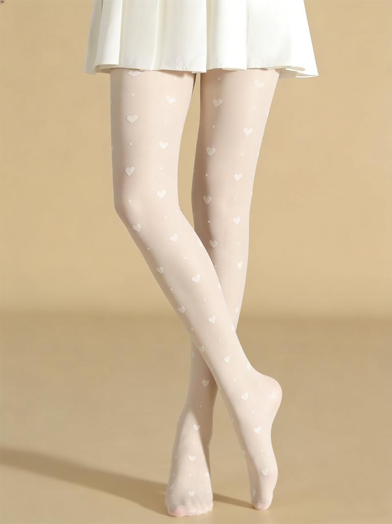1 Pair Women White Heart Print Sheer Stretchy Cute Tights Lolita Style Spring