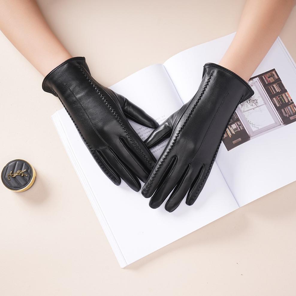 Winter Genuine Sheepskin Leather Gloves Women Warm Velvet Lined  Touchscreen Outdoor Cycling Driving Motorcycle Gloves