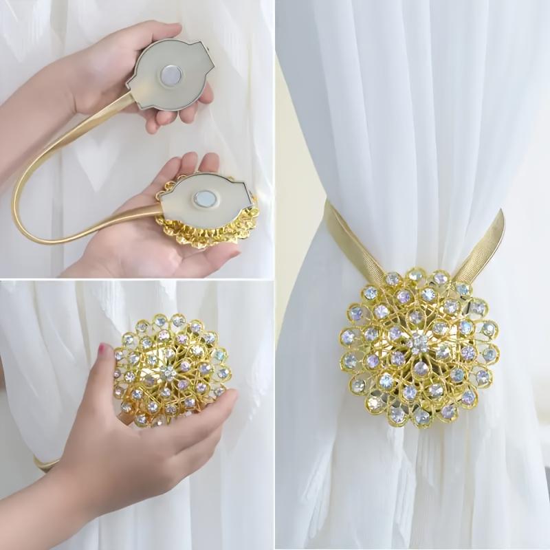 1pcs No-Drill Magnetic Curtain Brackets with Rhinestone Flower - Metal Window Hooks, Magnetic Closure Suitable for Blinds & Drapes for Home