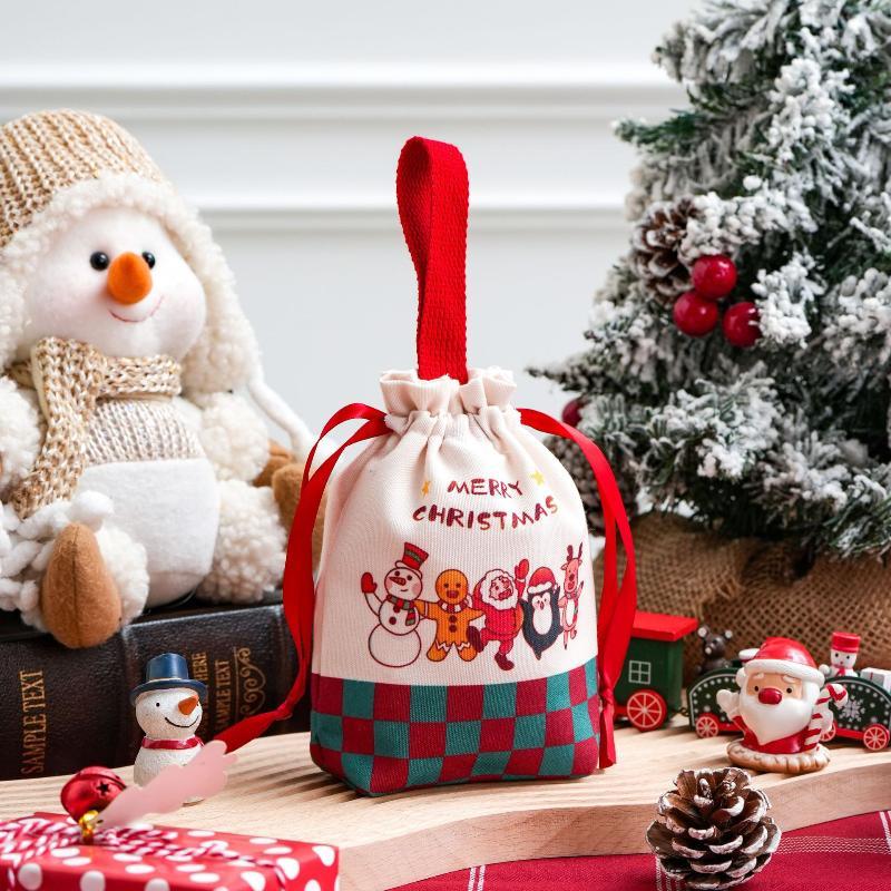 Christmas Canvas Storage Bag Drawstring Gift Bag Holiday Decorative Packaging Green White Plaid Floral
