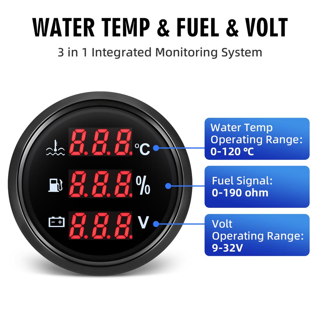 Digital 52mm Gauge Multifunctional Water Temperature+Fuel Level+Voltmeter 0-190ohm Red LED for Car Marine Boat Yacht Customized