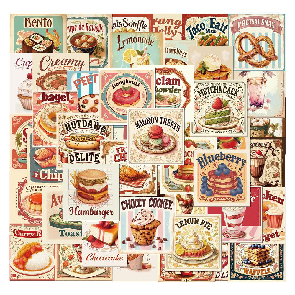 10/30/50pcs Retro Food Cake Noodle Cartoon Stickers Aesthetic Decals Waterproof DIY Fridge Laptop Vintage Decoration Sticker