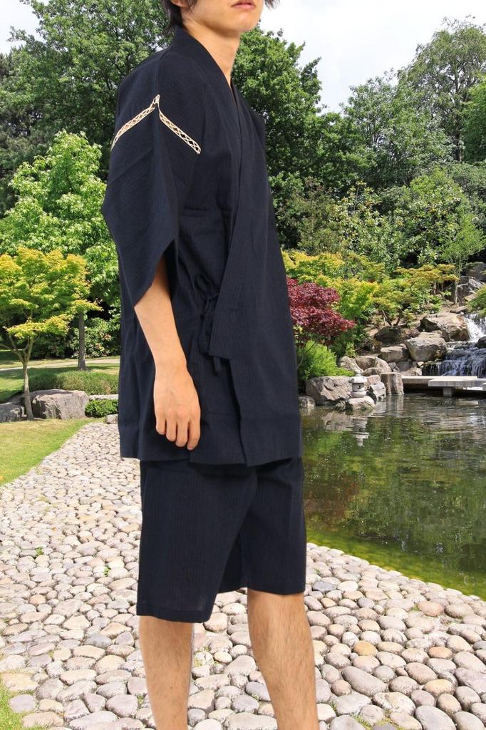 Edoten Jinbei for Cat Original Facing Navy Size L Men's Shijira-woven (Jinbei) Summer, Cool, 100% Cotton, Discharge-dyed Print, Design, Cat, Blue,