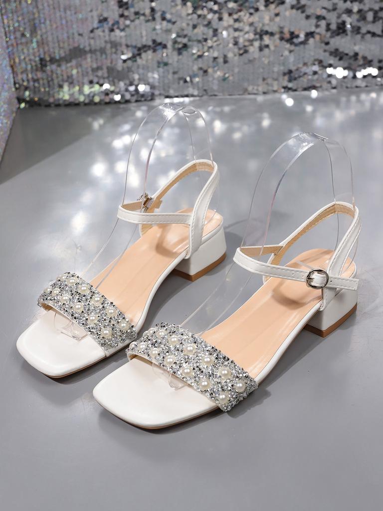 Mode Kristall Damen Mittelhohe Absätze Sandalen Elegant Absatzschuhe 2025 Sommer Mode Klobige Pumps Eckige Zehenpartie Flach Schnalle Schuhe für Frauen